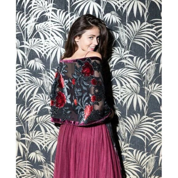 INC Sparkle Floral Embroidered Sheer Velvet Black Shawl Wrap Scarf Fringe Trim - Picture 2 of 3